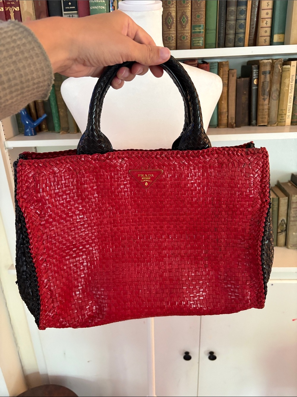Prada Red Woven Leather Satchel with Black Handles